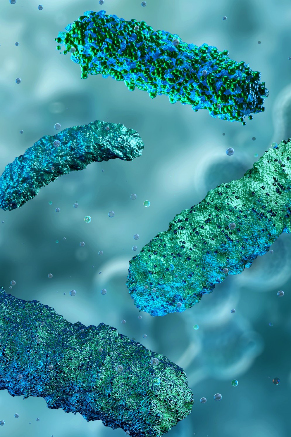 Close up of gut microbiome in tones of blue and green