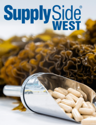 SupplySide West logo hovering over a scoop of light brown capsules